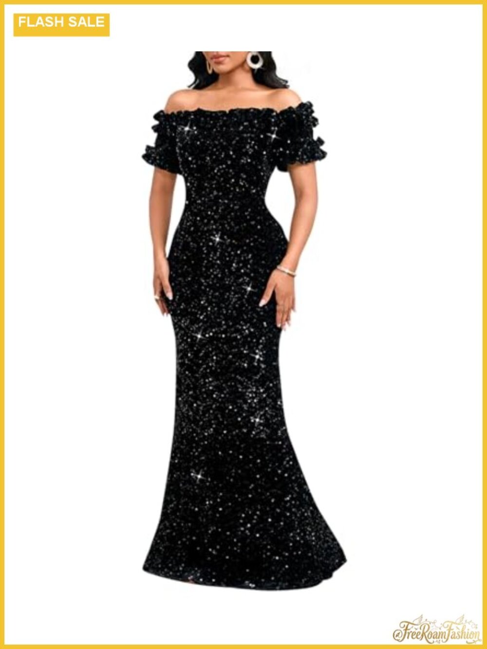 Sequin Off Shoulder Ruffle Sleeve Bodycon Mermaid Maxi Dress Evening Party